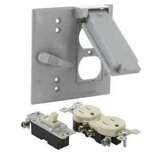 2-Gang Weatherproof Cover, Toggle Single Pole 125V, 15A Switch & Duplex Receptacle Included, Gray